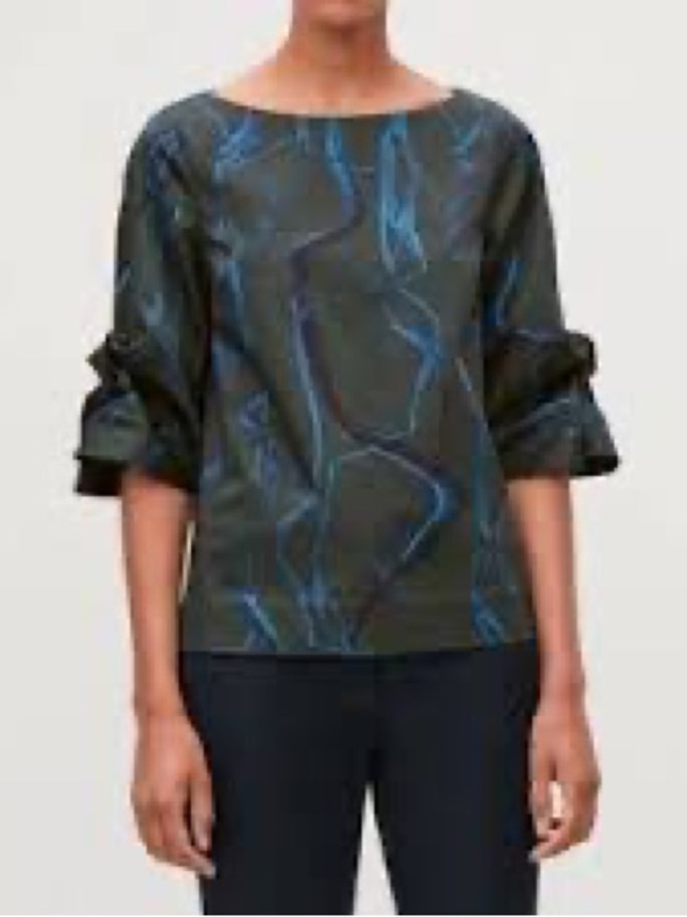 COS Black Blouse with Blue Abstract Swirl Print